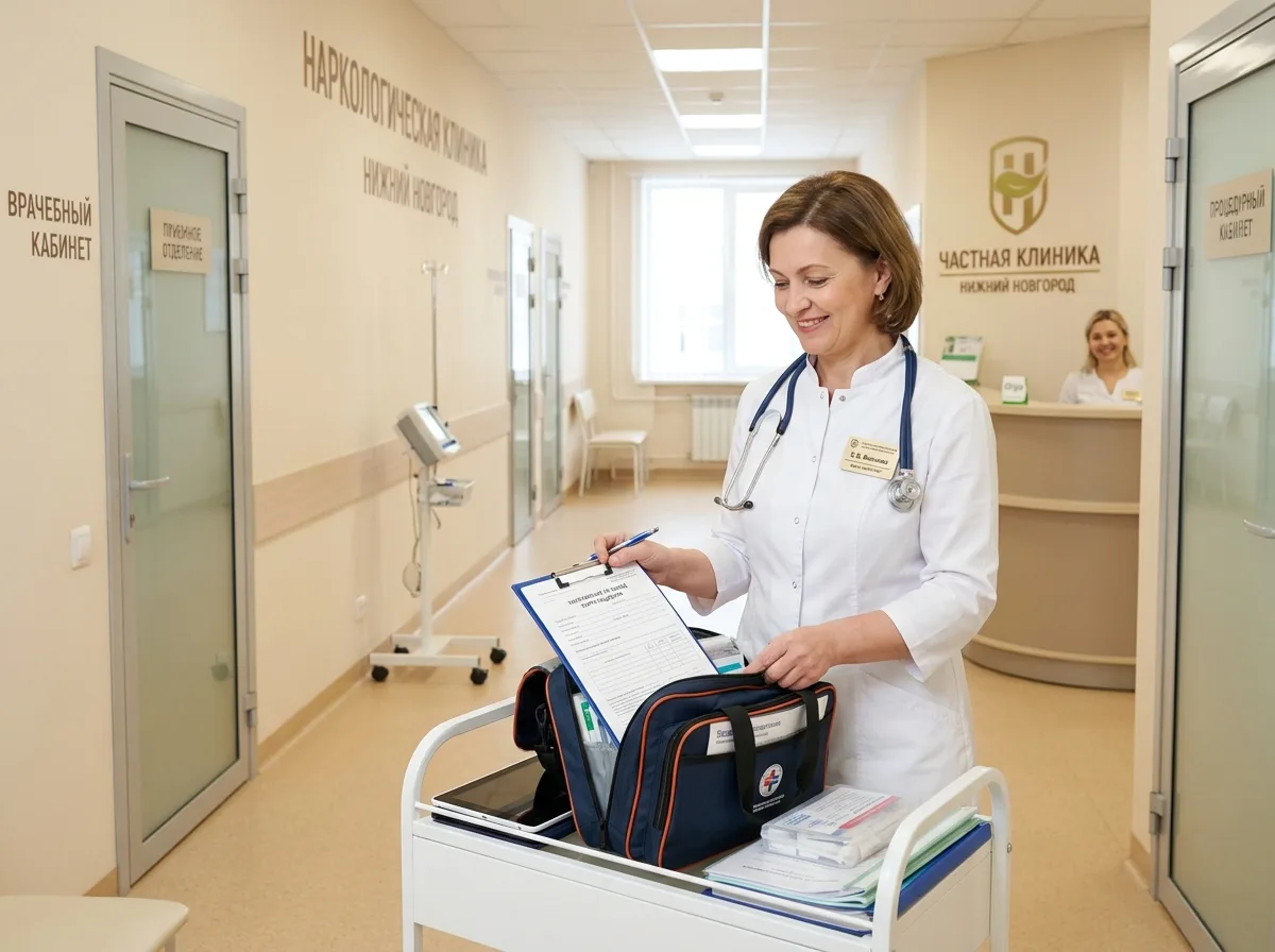 Частная наркологическая клиника в Нижнем Новгороде — светлый медицинский коридор, врач-нарколог в белом халате готовится к выезду, профессиональная обстановка, доверительная атмосфера