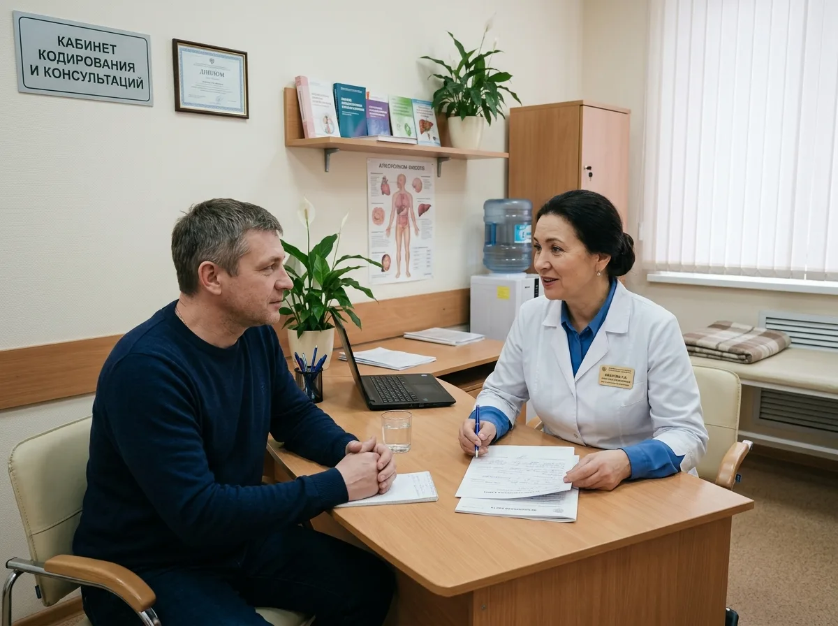 Кабинет кодирования от алкоголизма в наркологической клинике — врач-психотерапевт беседует с пациентом, спокойная доверительная атмосфера, медицинский интерьер