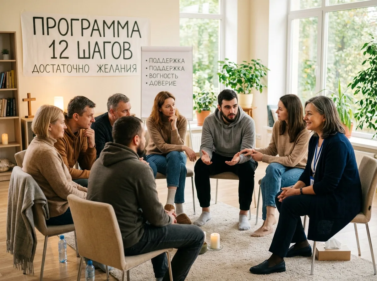 Реабилитационный центр наркологической клиники — группа пациентов на занятии с психологом в светлом зале, программа 12 шагов, доверительная атмосфера, поддержка