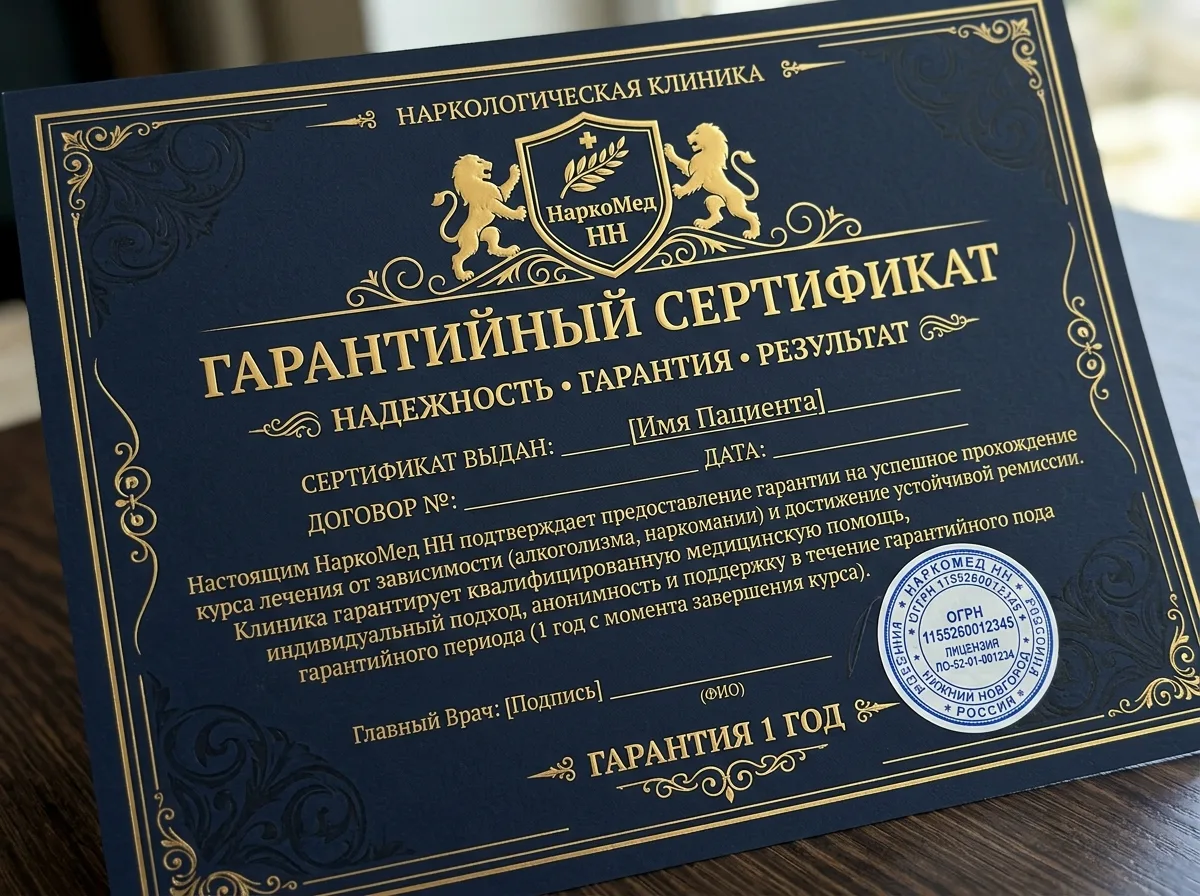 Гарантийный сертификат наркологической клиники НаркоМед НН — красиво оформленный документ на тёмно-синем фоне, официальная печать, золотые детали, символ надёжности и гарантии